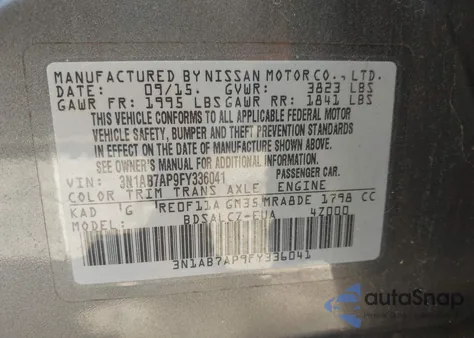 2015 Nissan Sentra S z USA, uszkodzony, nr VIN 3N1AB7AP9FY336041
